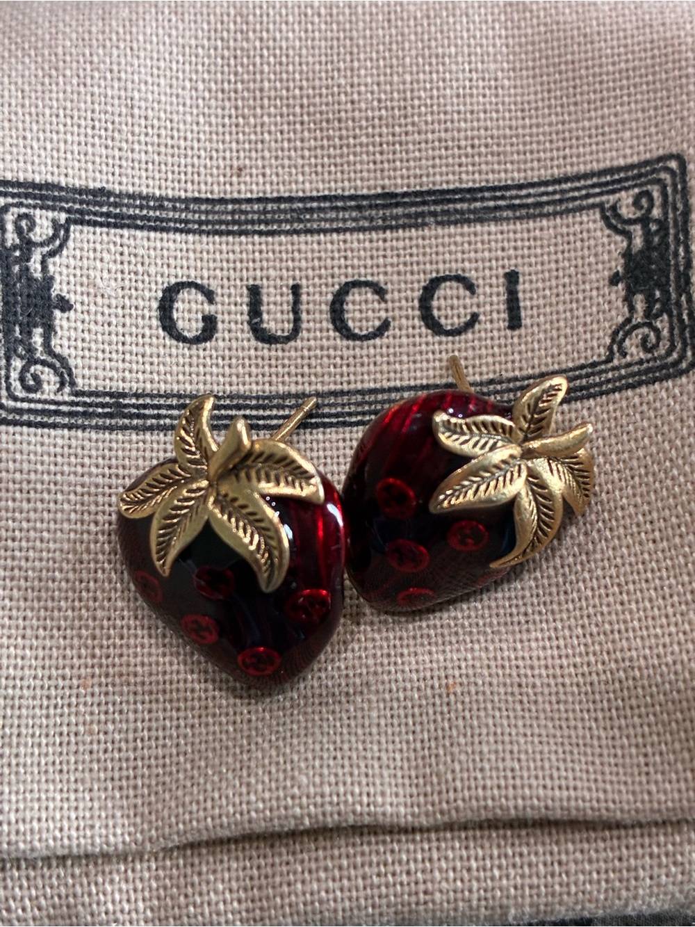 Gucci Gold-Leaf Red Strawberry Earrings